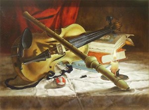 JERZY MULLER / OBRAZ / MARTWA NATURA ZE SKRZYPCAMI