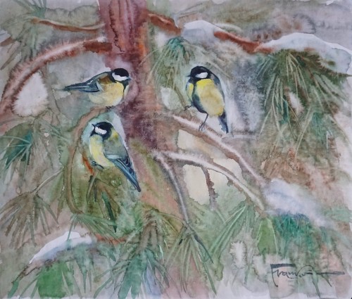 Aleksander Franko,akwarela,Sikorki,ptaki,zima,obraz do salonu,obraz na prezent,galeria sztuki Bellotto Warszawa a.JPG