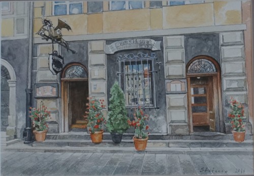 Piotr Stefanow_akwarela_Bazyliszek_warszawskie zakatki starego miasta_Galeria Bellotto Warszawa.JPG