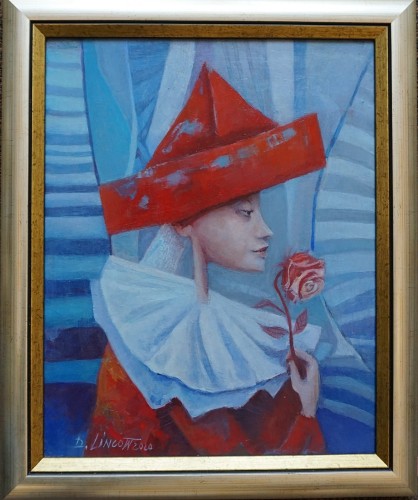 Dorota Leniec Lincow_Klaun z róża_obraz dla dzieci_obraz do salonu_galeria sztuki Bellotto Warszawa.JPG