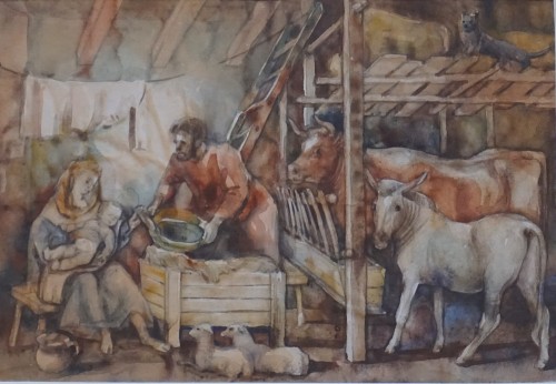 Jozef Ozmin_Świeta rodzina_akwarela_obraz dla kolekcjonerów_sztuka XX wieku_galeria sztuki Bellotto Warszawa.JPG