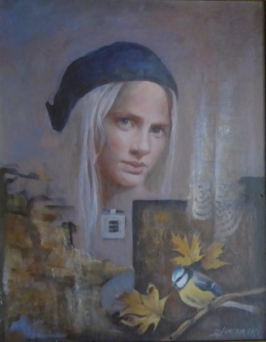 Dorota Leniec Lincow_obraz olejny_Kobieta z sikorką_50x40cm_2021rok_obraz do salonu_galeria sztuki Bellotto Warszawa.JPG