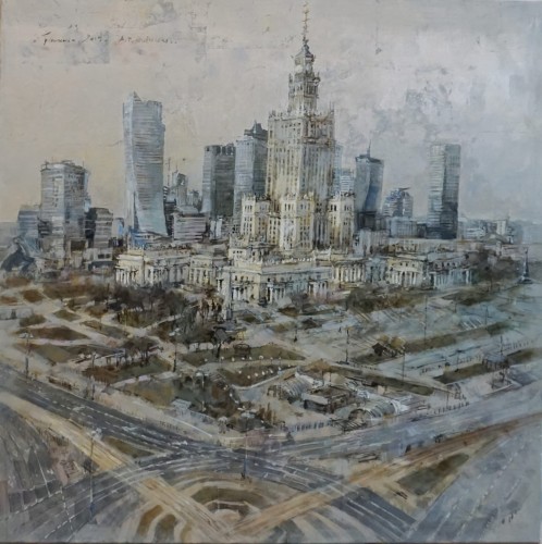 Alicja Pochopień Kuzniarz_Warszawa_ 100x100 cm_2019 r_widoki Warszawy_obraz do salonu_galeria sztuki Bellotto Warszawa.JPG