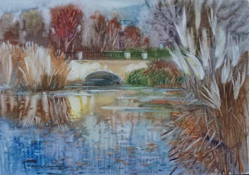 Aleksander Franko_akwarela_Pejzaż z mostkiem_galeria sztuki Bellotto Warszawa 1.JPG