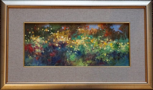 Anatol Martyniuk_Złote chryzantemy_olej na plycie_14 x 35,5 cm_galeria sztuki Bellotto Warszawa.jpg