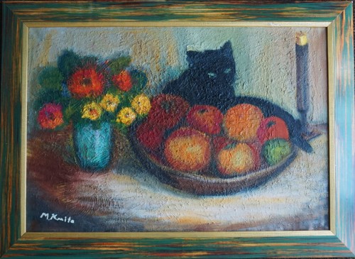 Michał Kmita_Martwa natura z czarnym kotem_olej płótno na sklejce_sztuka XX wieku_galeria sztuki Bellotto Warszawa.JPG