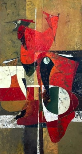 Ryszard Zając_kompozycja z dwugłowym kogutem_92x50-2001_sztuka XX wieku_galeria sztuki Bellotto Warszawa.jpg