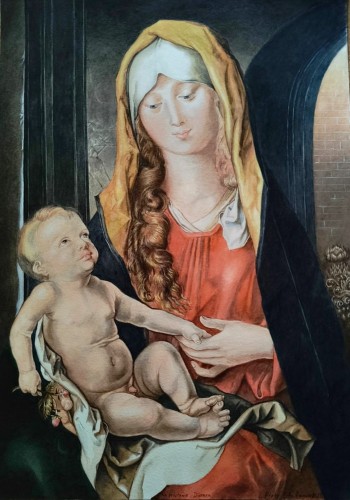 Piotr Stefanow_madonna z dzieciątkiem wg. Durera_2025 rok_akwarela na papierze_dawni mistrzowie_Madonny_galeria sztuki Bellotto Warszawa.jpg