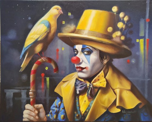 Vladimir Mardashov_Klaun z ptakiem_olej na płótnie_galeria sztuki Bellotto Warszawa.jpg