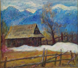 PIOTR KOMINCZ / OBRAZ / PEJZAŻ GÓRSKI Z CHATKĄ