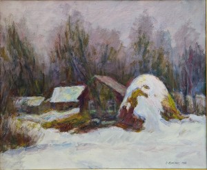 PIOTR KOMINCZ / OBRAZ / PEJZAŻ ZIMOWY ZE STOGIEM SIANA