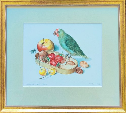 Piotr Stefanow_akwarela_martwa natura z papuga_ptaki_galeria sztuki Bellotto Warszawa nnnn.jpg