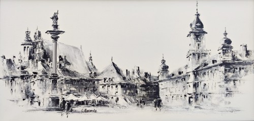 Grażyna Narowska_Na placy Zamkowym w Warszawie _akryl na płótnie_2025 rok_widoki z Warszawy_wersja blac and white_galeria sztuki Bellotto Warszawa.jpg