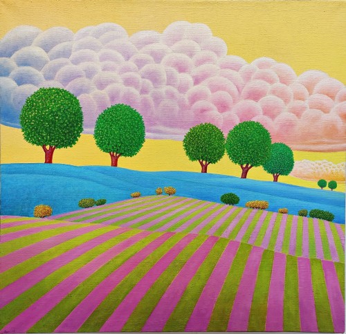 Jakub Dominik_pejzaż z duża chmura_70 x 73 cm_2012 rok_pejzaż_olej na płótnie_laserunek_galeria sztuki Bellotto Warszawa.jpg