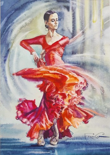 Aleksander Franko_Tancerka w czerwieni_akwarela_galeria sztuki Bellotto Warszawa.jpg