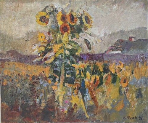 Aleksander Turek_pejzaż ze słonecznikami_1993 rok_sztuka XX wieku_obraz dla kolekcjonerów_galeria Bellotto Warszawa.jpg