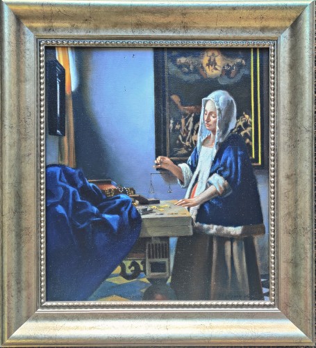 Piotr Stefanow_Kobieta z wagą_według Vermeera_olej na płótnie_galeria sztuki Bellotto Warszawa.jpg