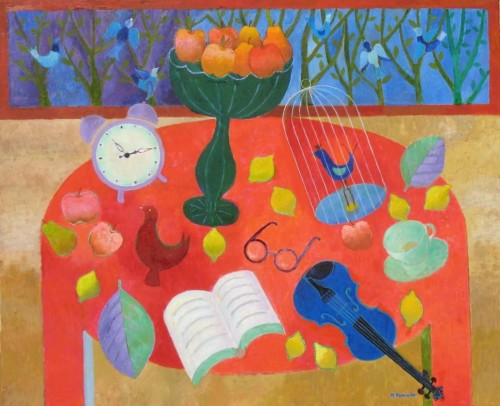 Malgorzata Damiecka martwa nat z zegarem i czerwonym stolem.jpg